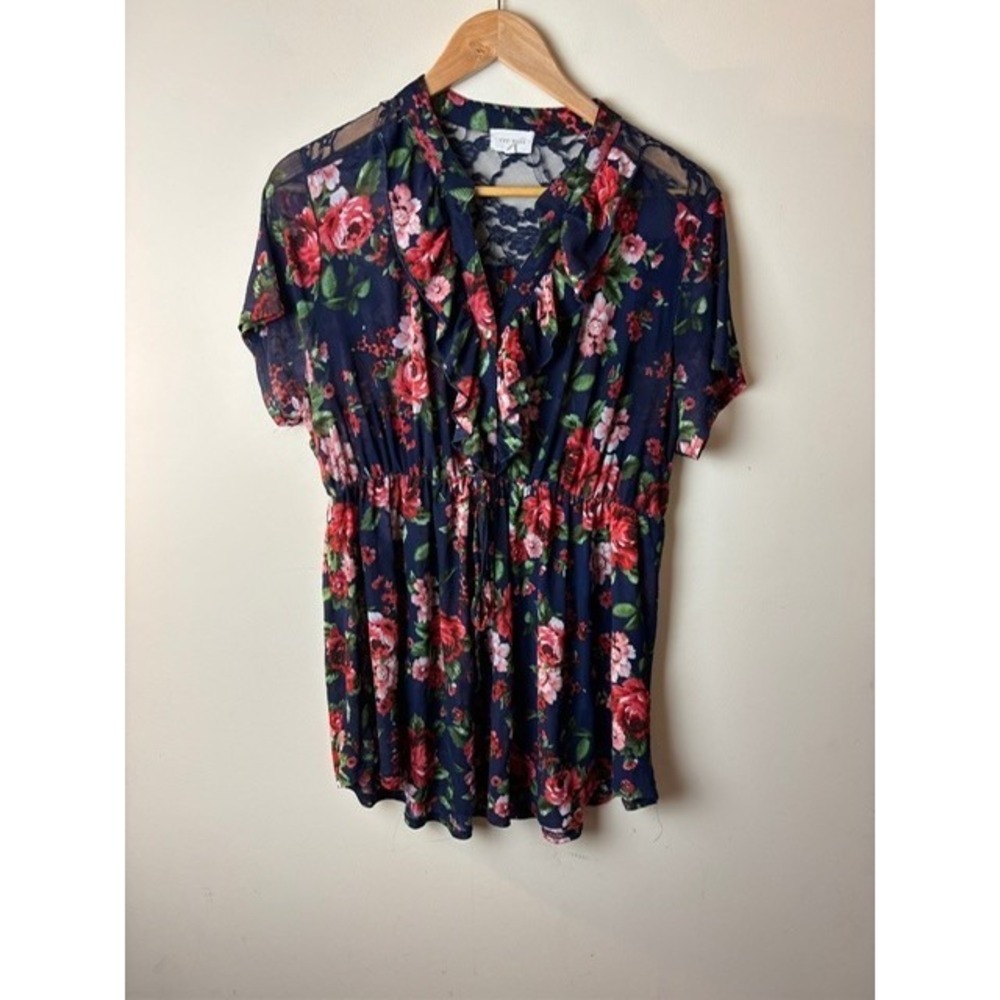 Womens 2X Ivy Rose Blouse Top Navy Blue Floral Ruffle Split V-Neck Lace Detail